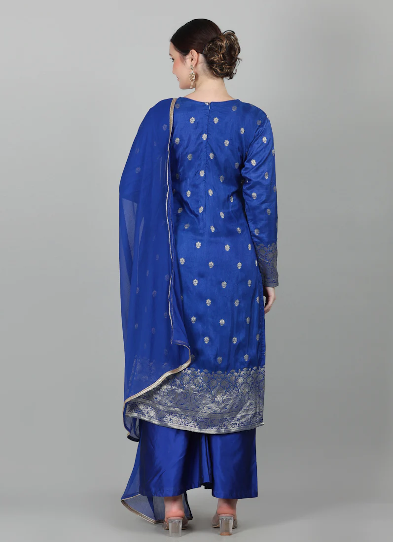 Royal Blue Georgette Jacquard Suit Set - Image 7