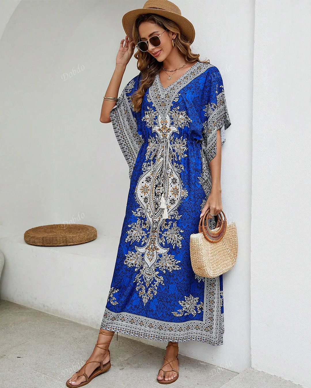 Royal Blue Printed Viscose Kaftan One Size - Image 4