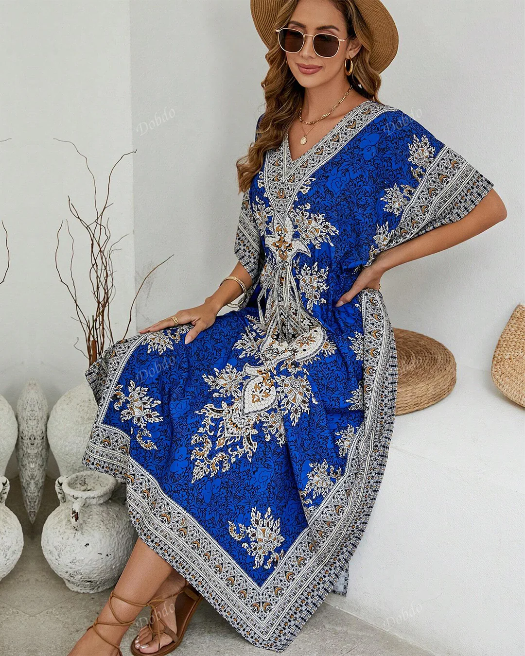 Royal Blue Printed Viscose Kaftan One Size - Image 5