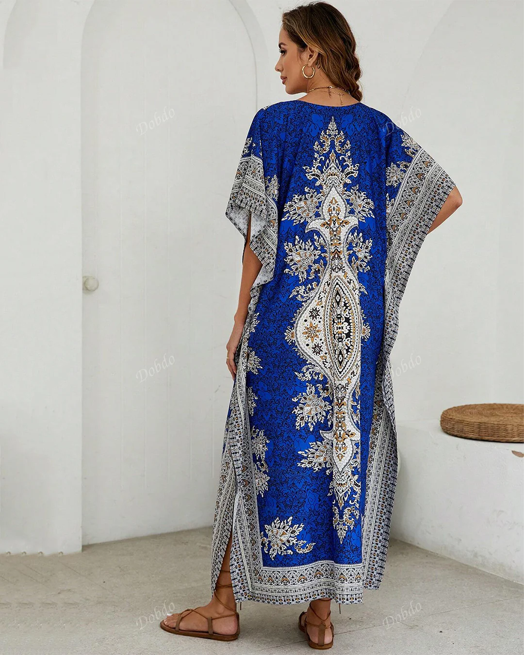 Royal Blue Printed Viscose Kaftan One Size - Image 6