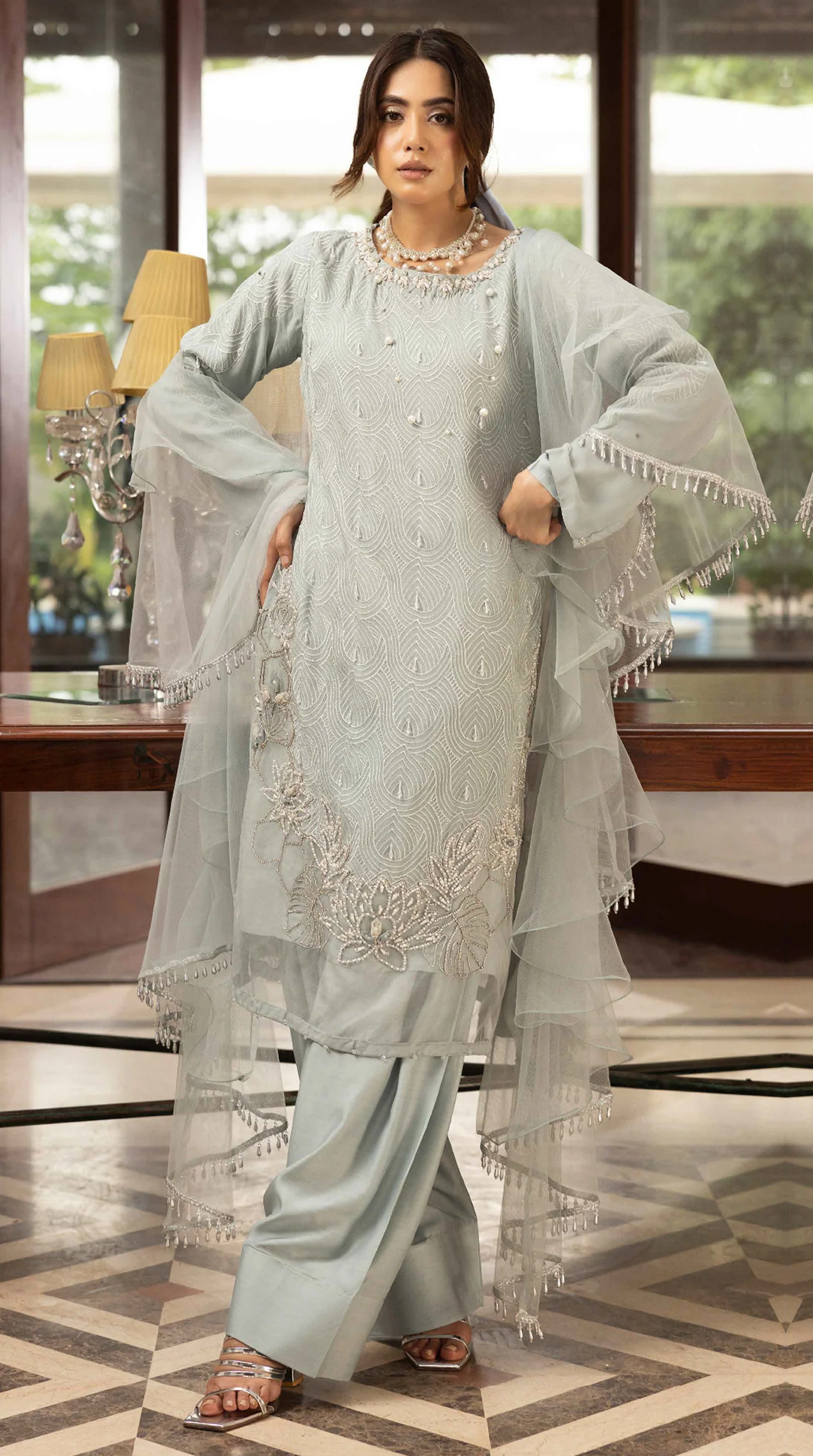 Sage Aura Chikankari Chiffon Farshi Salwar Set - Image 3