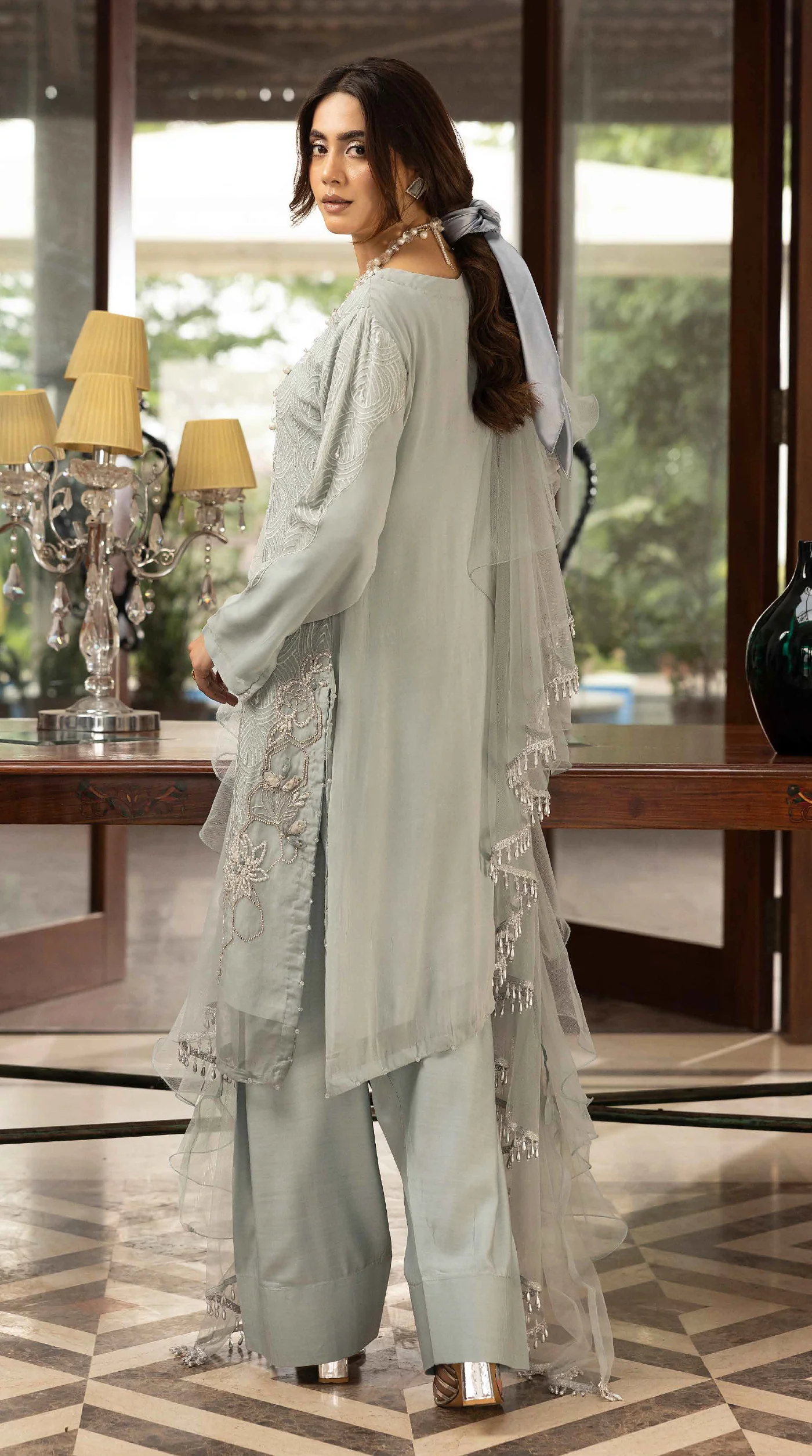 Sage Aura Chikankari Chiffon Farshi Salwar Set - Image 6