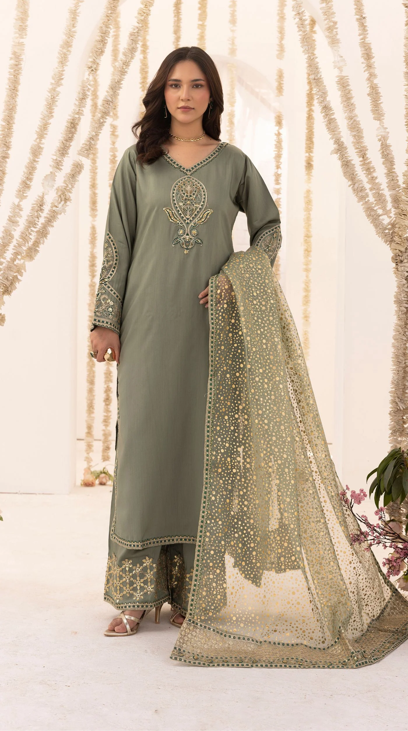 Green Embroidered Salwar Kameez– Elegant Pakistani Festive Suit - Image 5