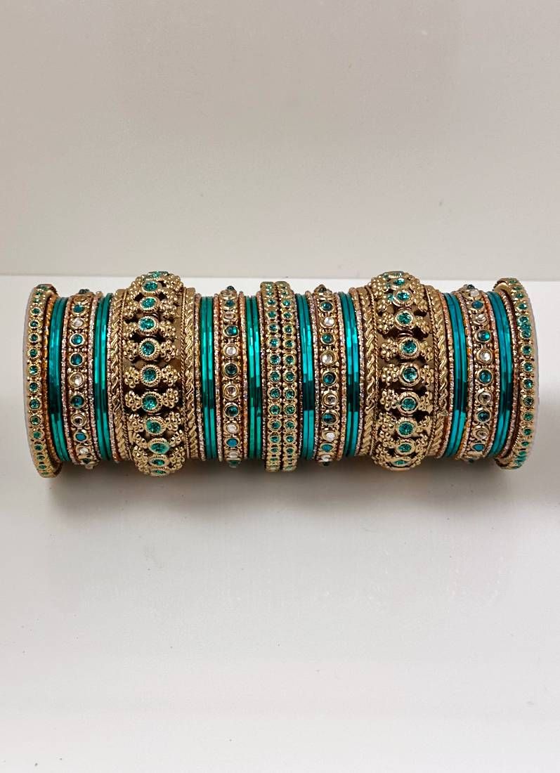 Sea Green Kundan Double Bangle Set - Image 2