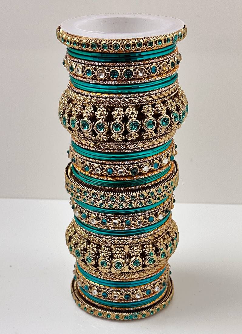 Sea Green Kundan Double Bangle Set - Image 3