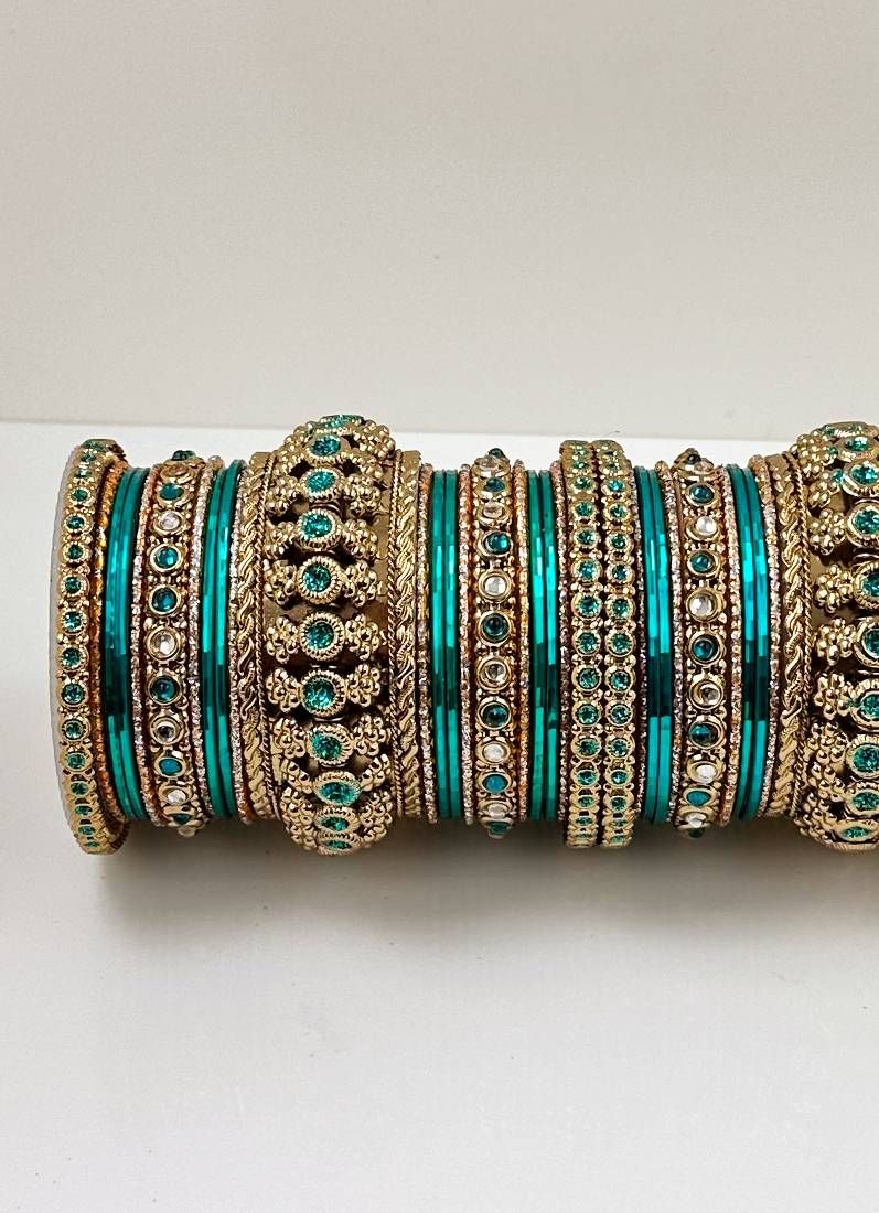 Sea Green Kundan Double Bangle Set - Image 4
