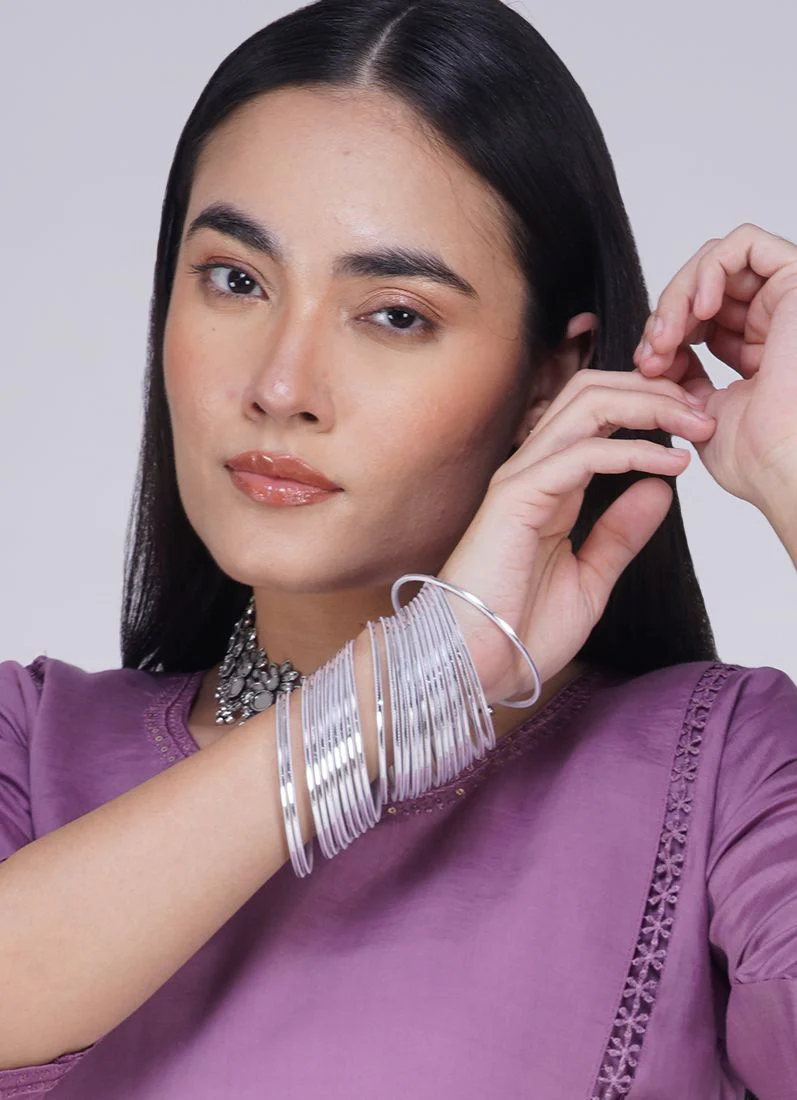 Shiny Silver Bangles 24 Piece Stackable Bangle Set - Image 5