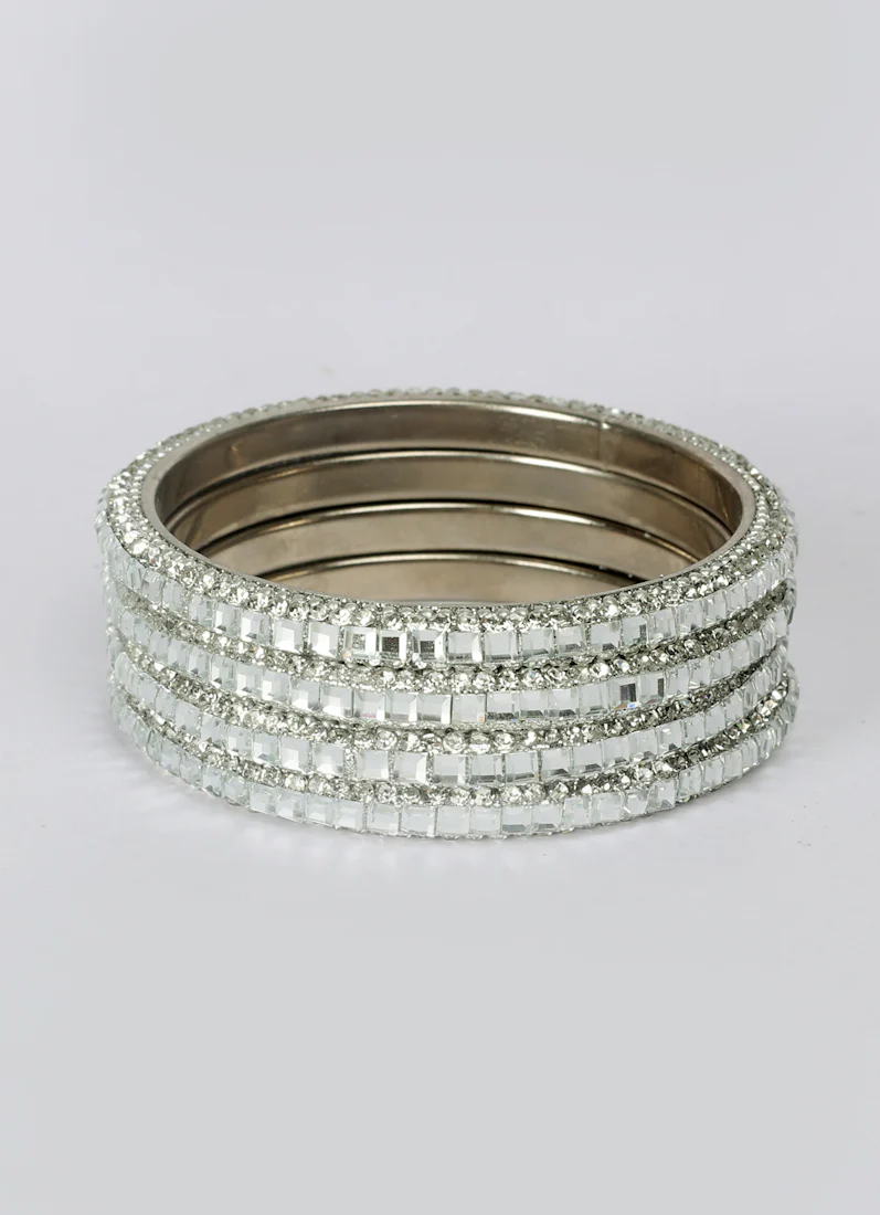 Silver Colour Bangle Set with Diamante Work - Image 2