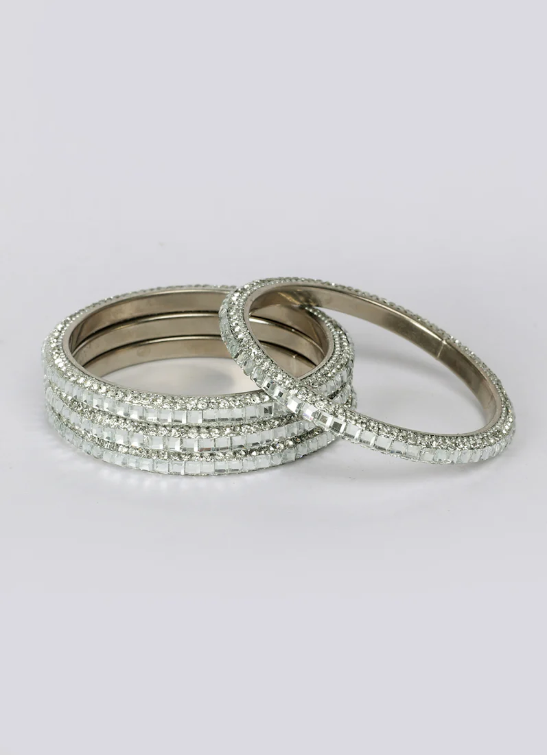 Silver Colour Bangle Set with Diamante Work - Image 3