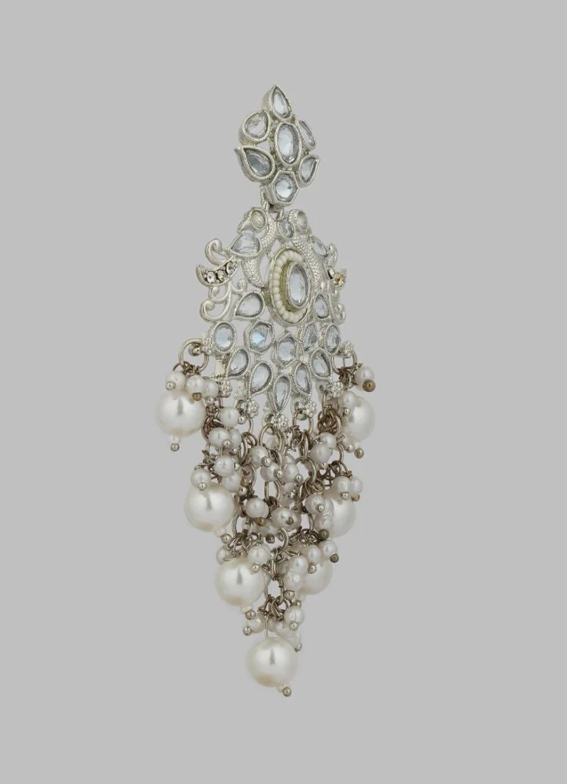 Silver Diamonte Pearl Jumki Earrings - Image 2