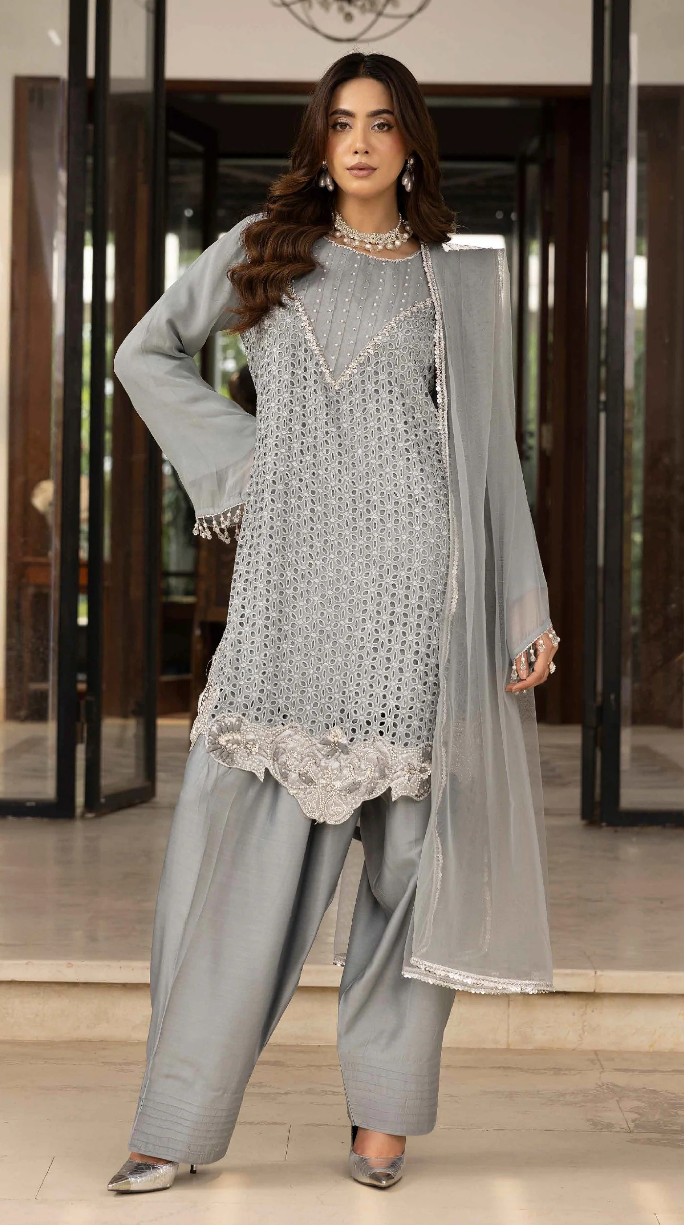 Silver Mist Chikankari Chiffon Farshi Salwar Set - Image 3