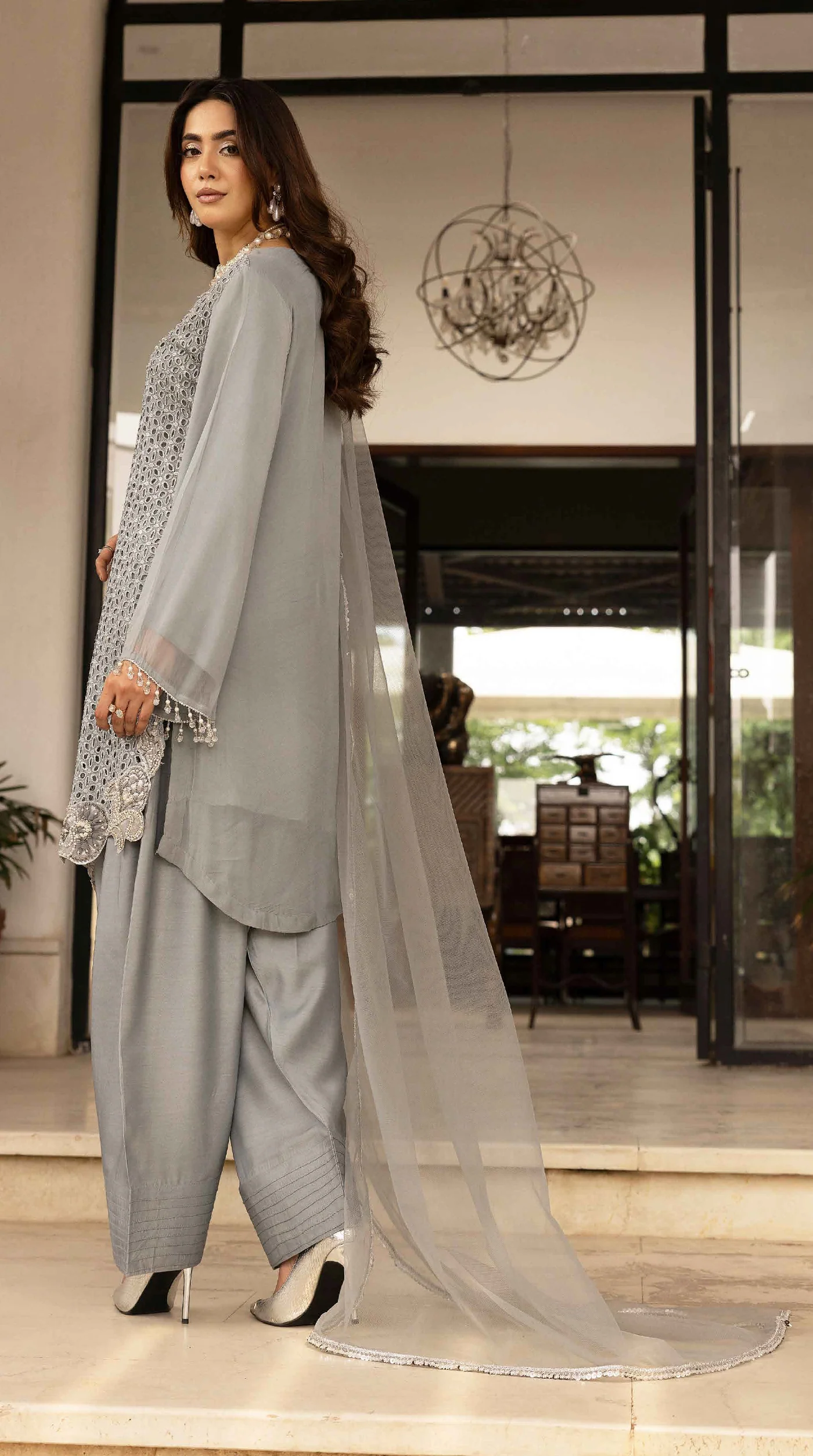 Silver Mist Chikankari Chiffon Farshi Salwar Set - Image 6