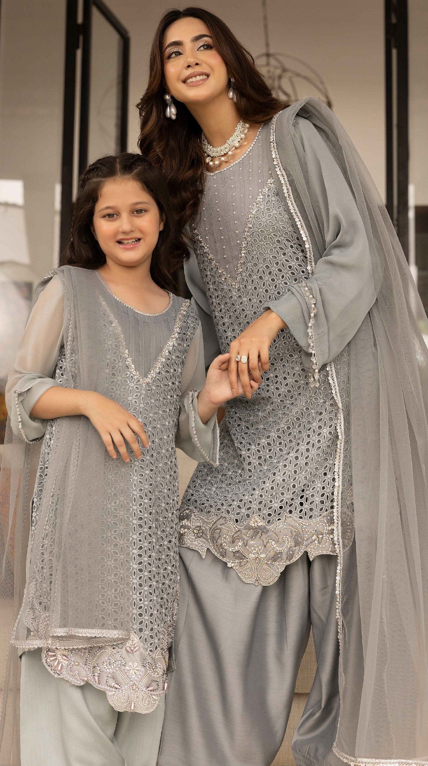 Silver Mist Mini Chikankari Chiffon Farshi Salwar Set - Image 3