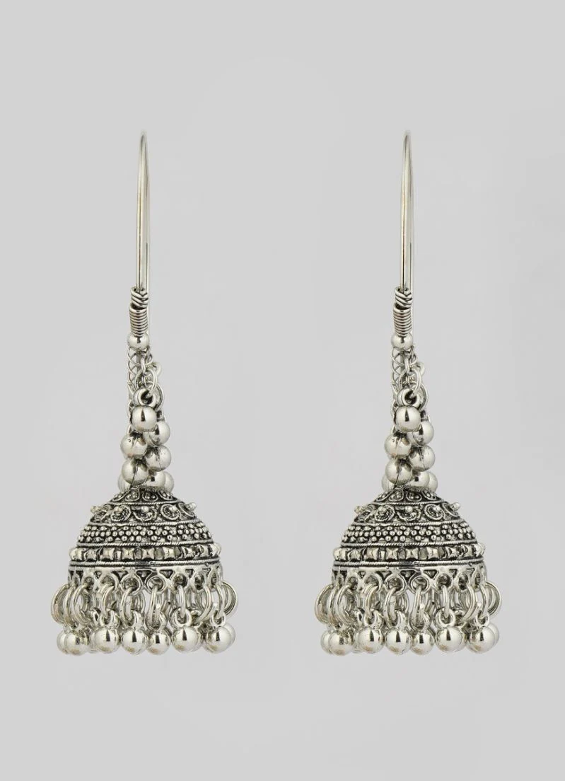 Silver Oxidised Bali Hoop Earrings with Traditional Jhumka Design - Image 2