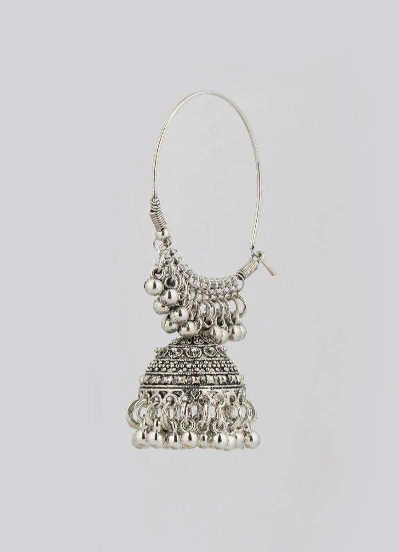 Silver Oxidised Bali Hoop Earrings with Traditional Jhumka Design - Image 3