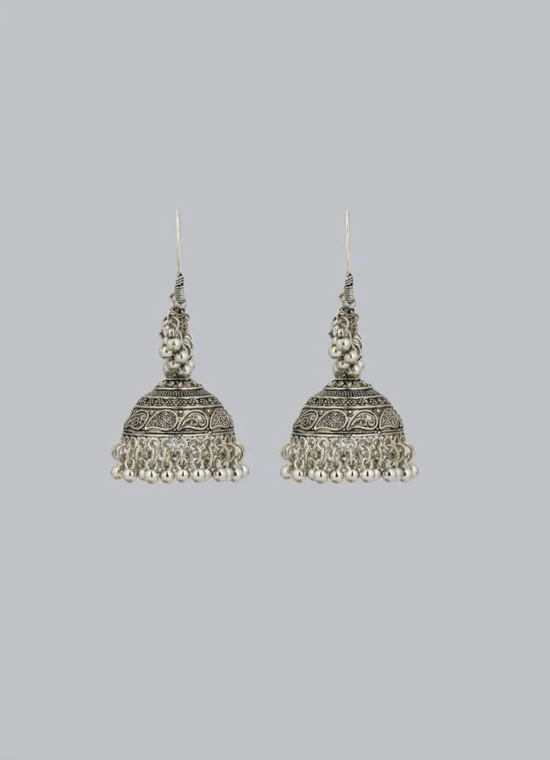 Silver Oxidised Bali Hoop Earrings with Traditional Jhumka Drop - Image 2