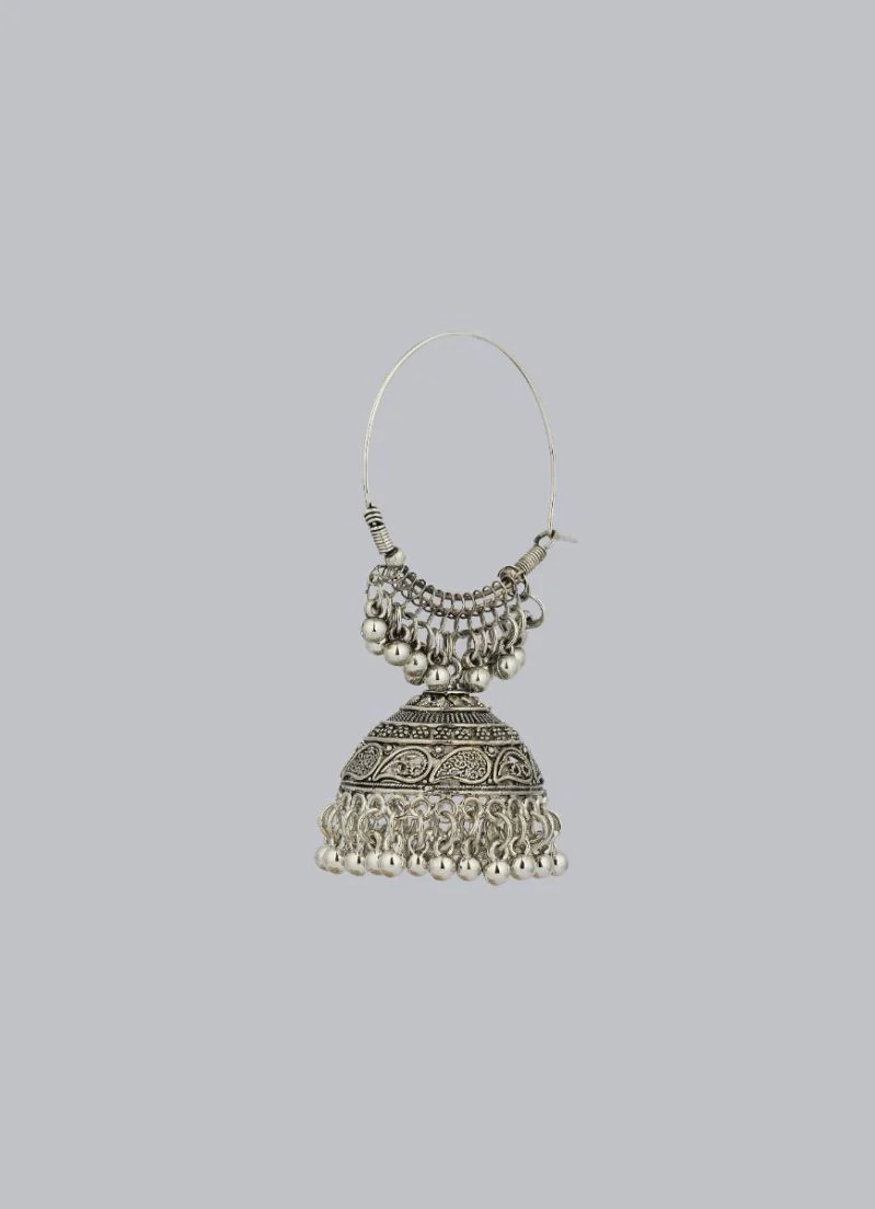 Silver Oxidised Bali Hoop Earrings with Traditional Jhumka Drop - Image 3