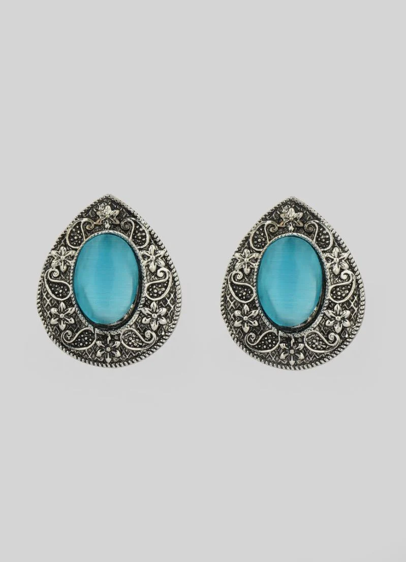 Silver Oxidised Blue Stone Earrings - Image 2