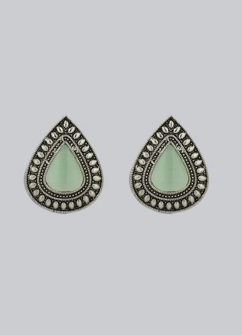 Silver Oxidised Mint Green Cat’s Eye Stone Earrings - Image 2