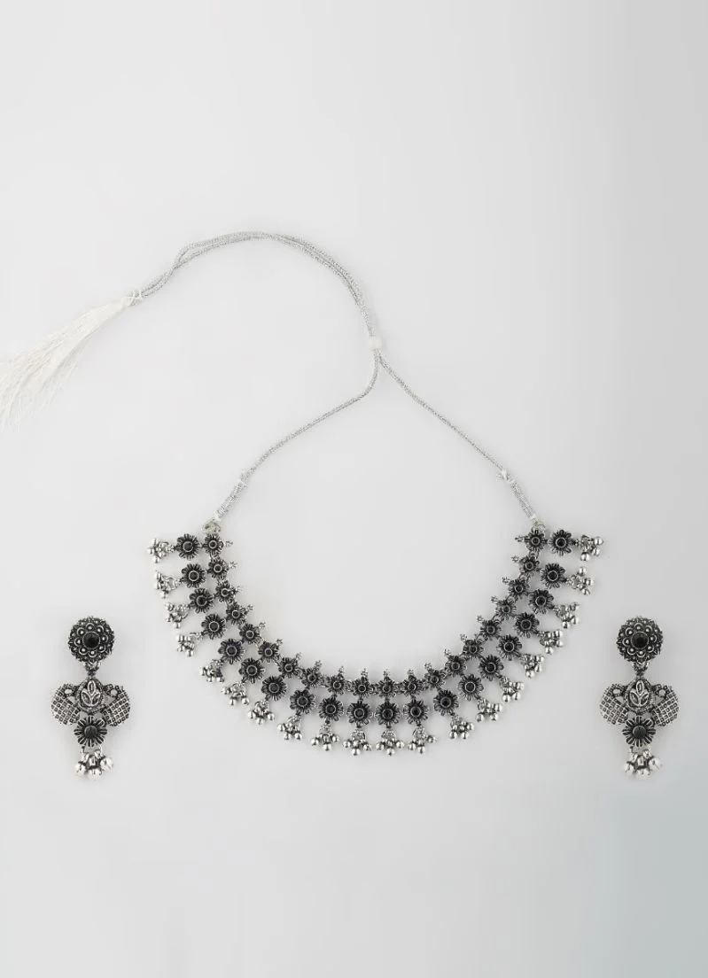 Silver Oxidised Necklace Set with Matching Earrings Set - Image 2