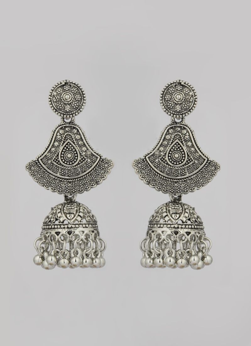 Oxidized Silver Jumka Earrings – Traditional Indian Ethnic Jewellery - Image 2