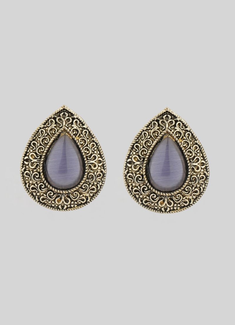 Silver Oxidized Purple Cat's Eye Stone Earrings - Image 2