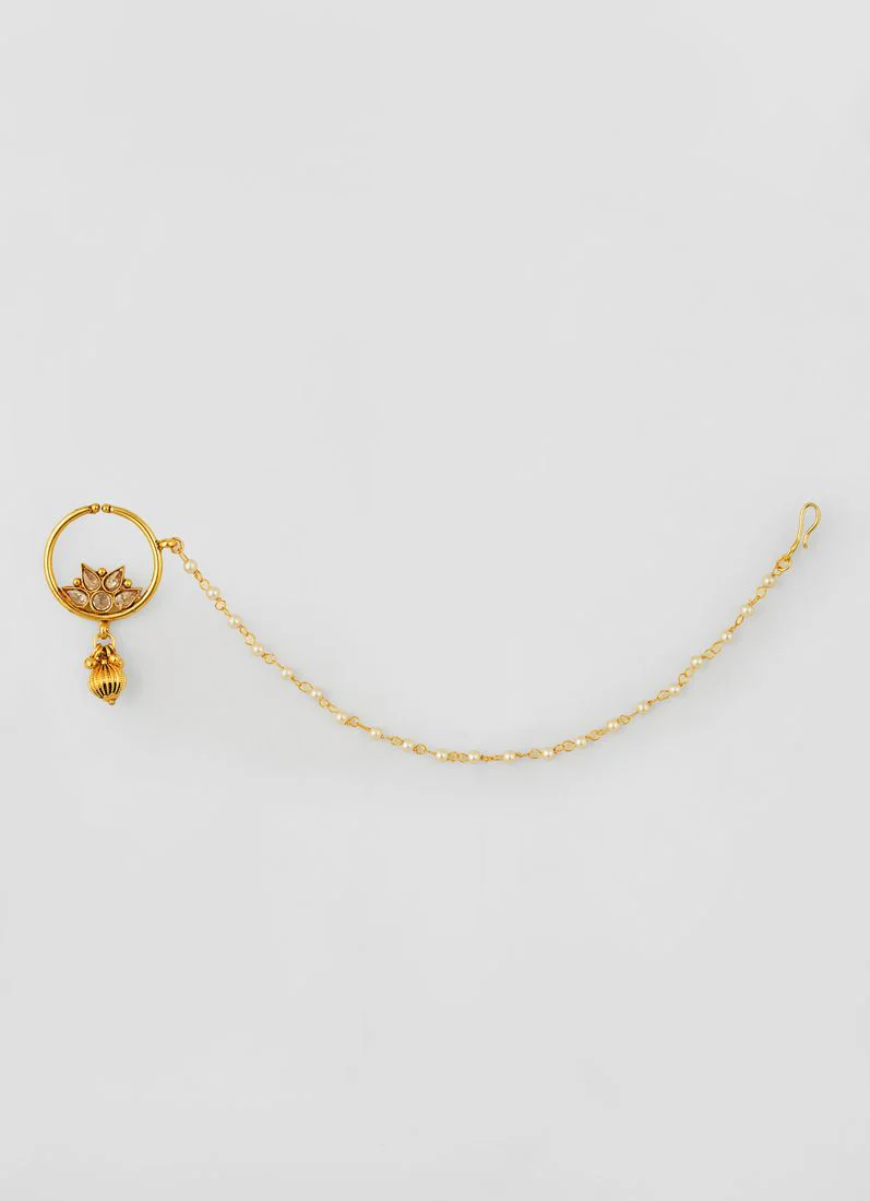 Single Pearl Chain Nath Gold Nose Ring - Image 3