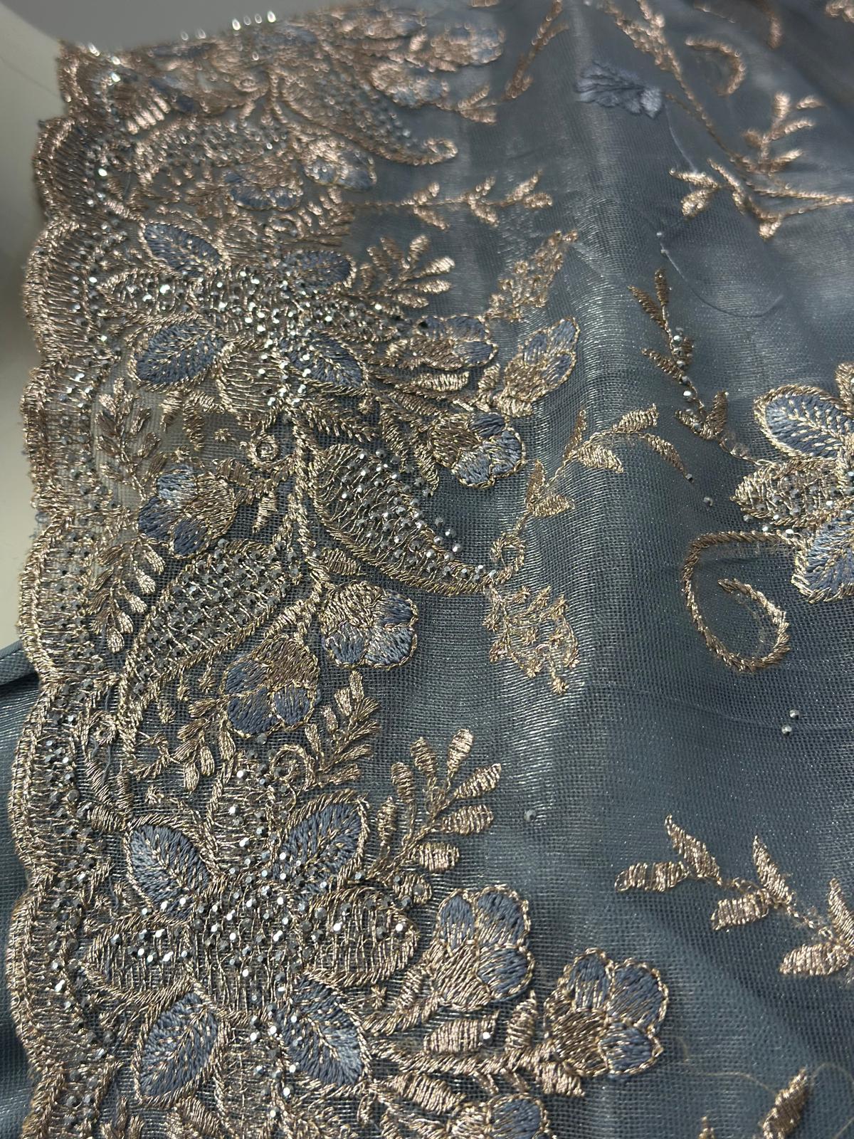 Sky Blue Full Embroidered Net Organza Saree - Image 2