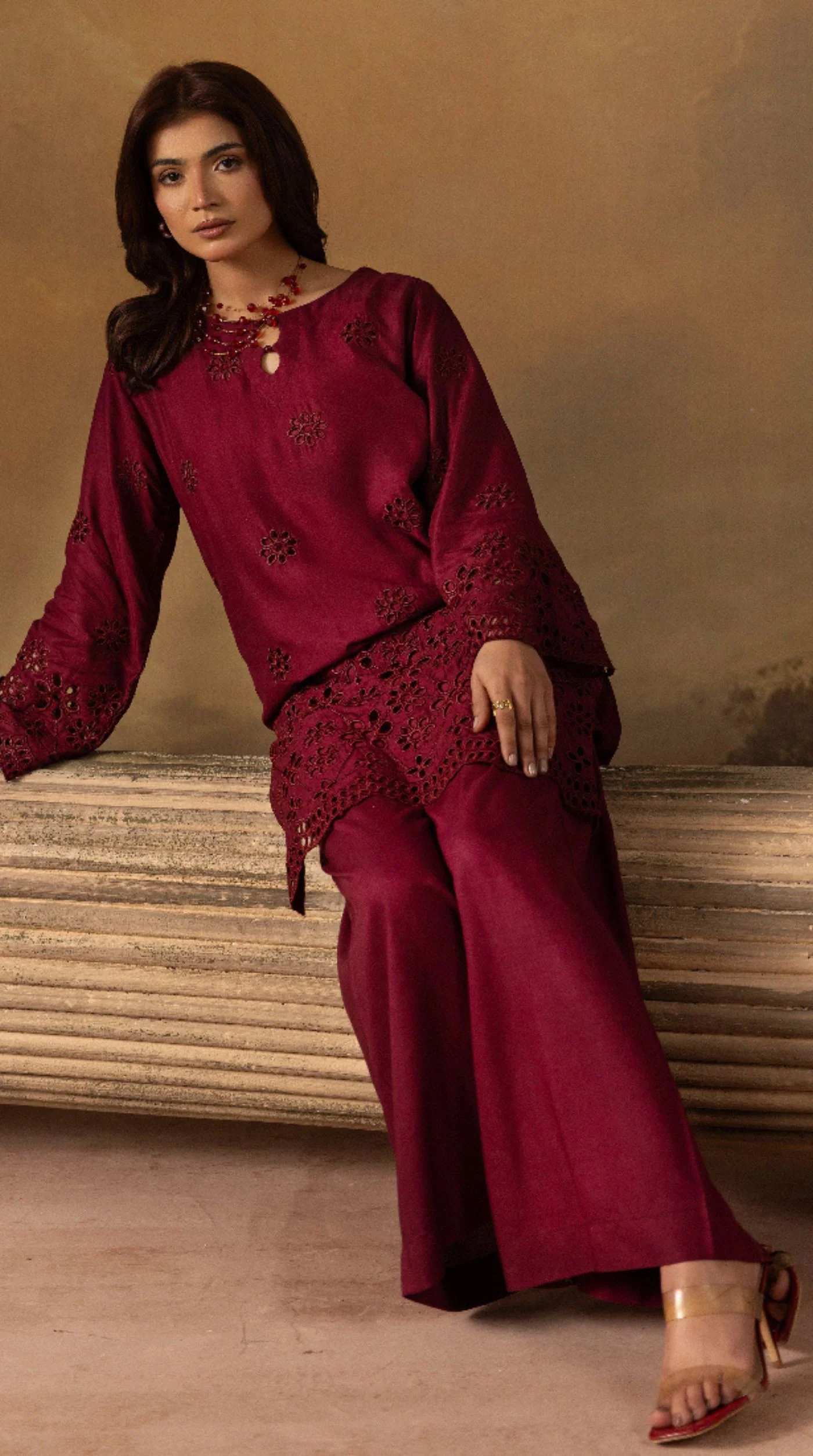 Stylish Burgundy Linen Chikankari Co-ord Set for Women - Image 2