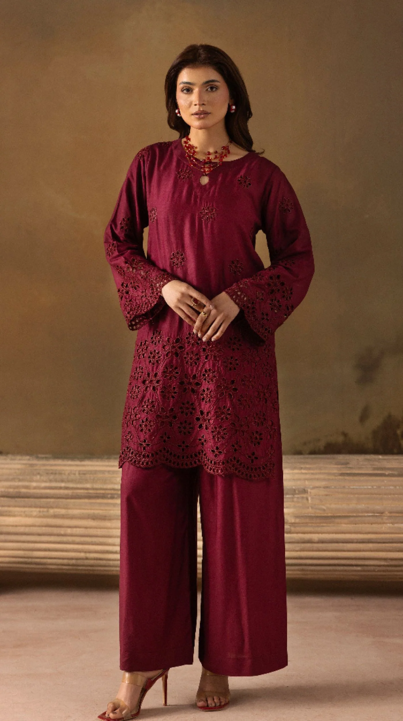 Stylish Burgundy Linen Chikankari Co-ord Set for Women - Image 3