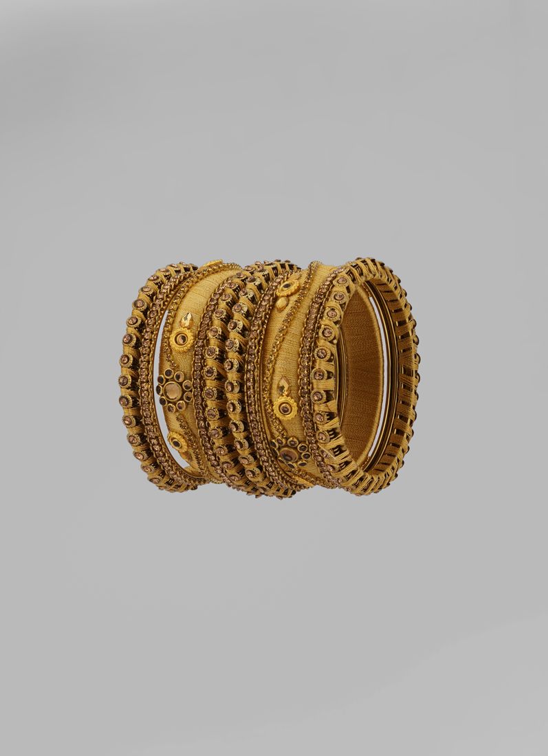 Stylish Gold Thread Bangle Set – Glossy Silk Thread Gold Bangles with Diamante DesignS - Image 2