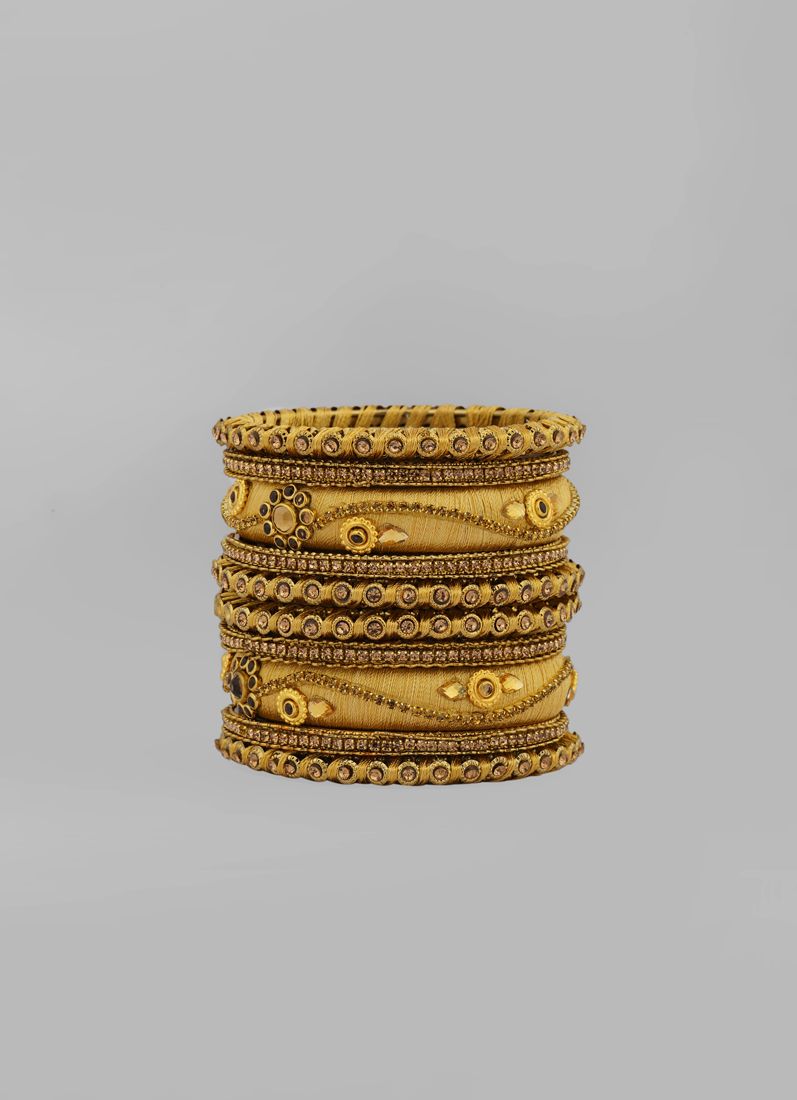 Stylish Gold Thread Bangle Set – Glossy Silk Thread Gold Bangles with Diamante DesignS - Image 3