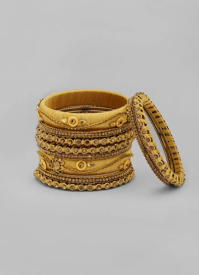 Stylish Gold Thread Bangle Set – Glossy Silk Thread Gold Bangles with Diamante DesignS - Image 4