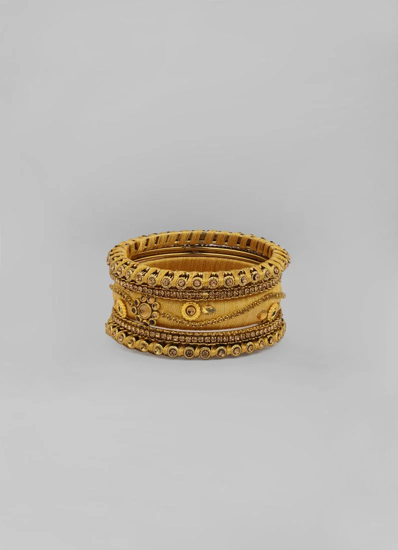 Stylish Gold Thread Bangle Set – Glossy Silk Thread Gold Bangles with Diamante DesignS - Image 5