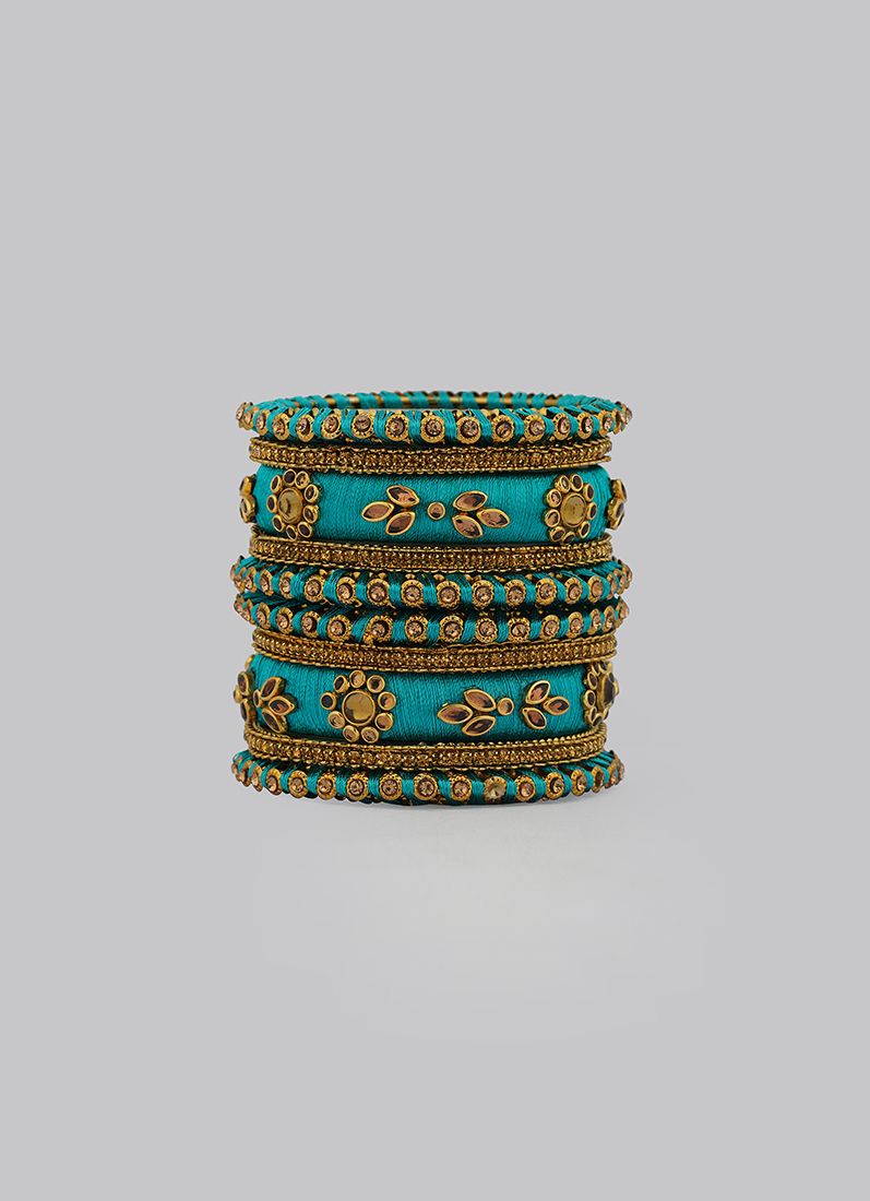 Stylish Peackock Blue Thread Bangle Set with Diamante - Image 2