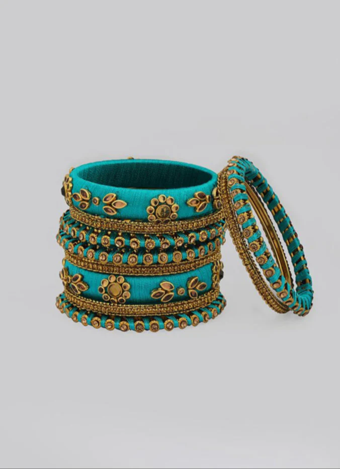 Stylish Peackock Blue Thread Bangle Set with Diamante - Image 3