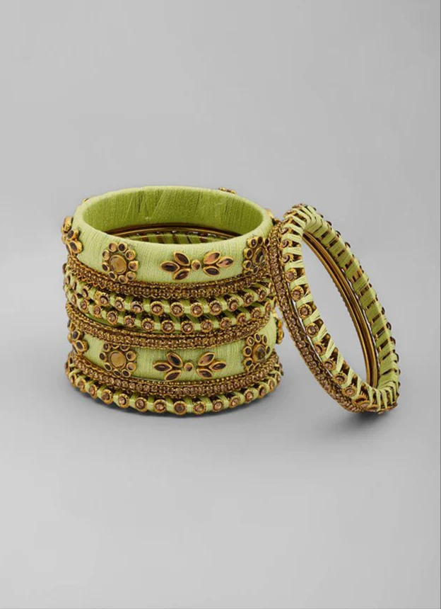 Stylish Pale Pista Thread Bangle Set - Image 4