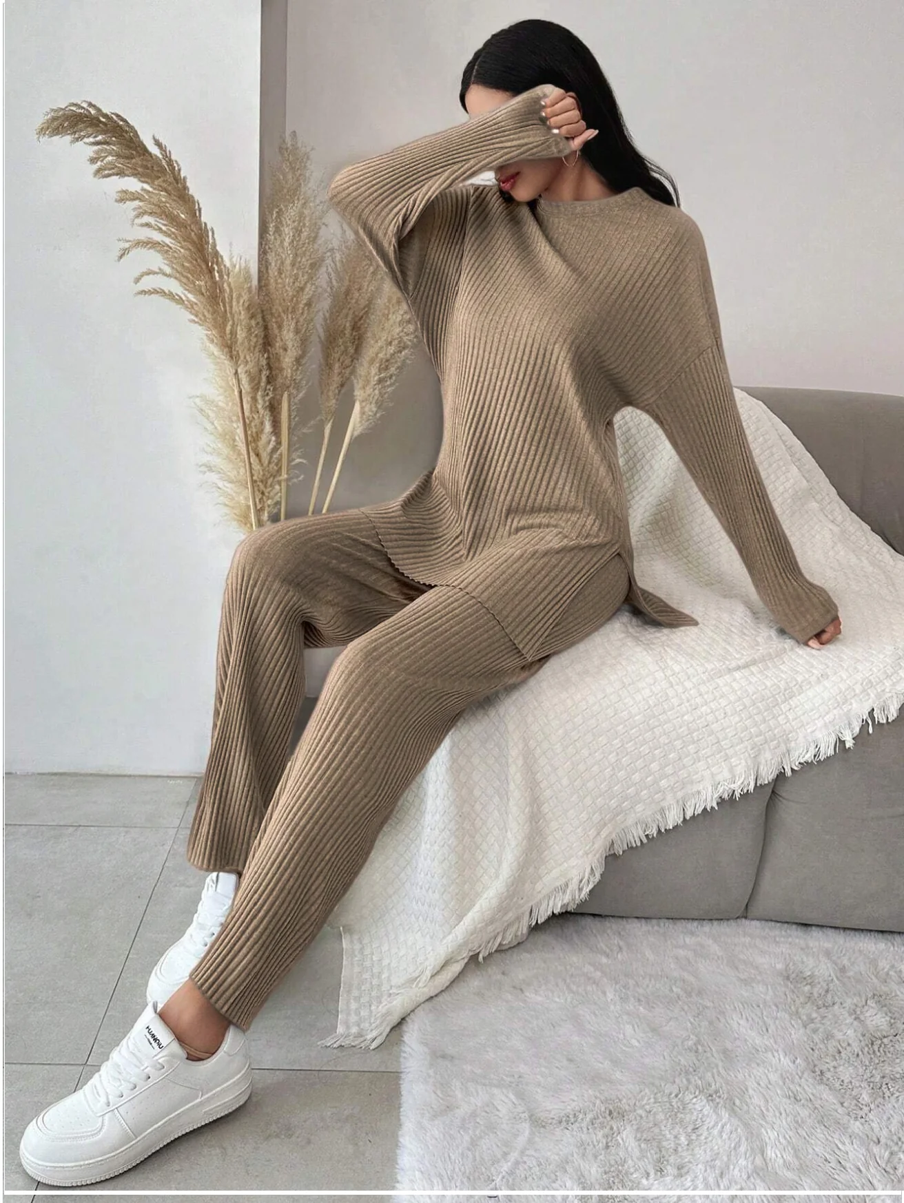 Tan Brown Cotton Ribbed Co-Ord Set - Image 2