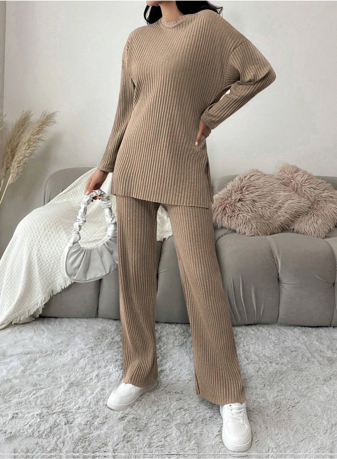 Tan Brown Cotton Ribbed Co-Ord Set - Image 3