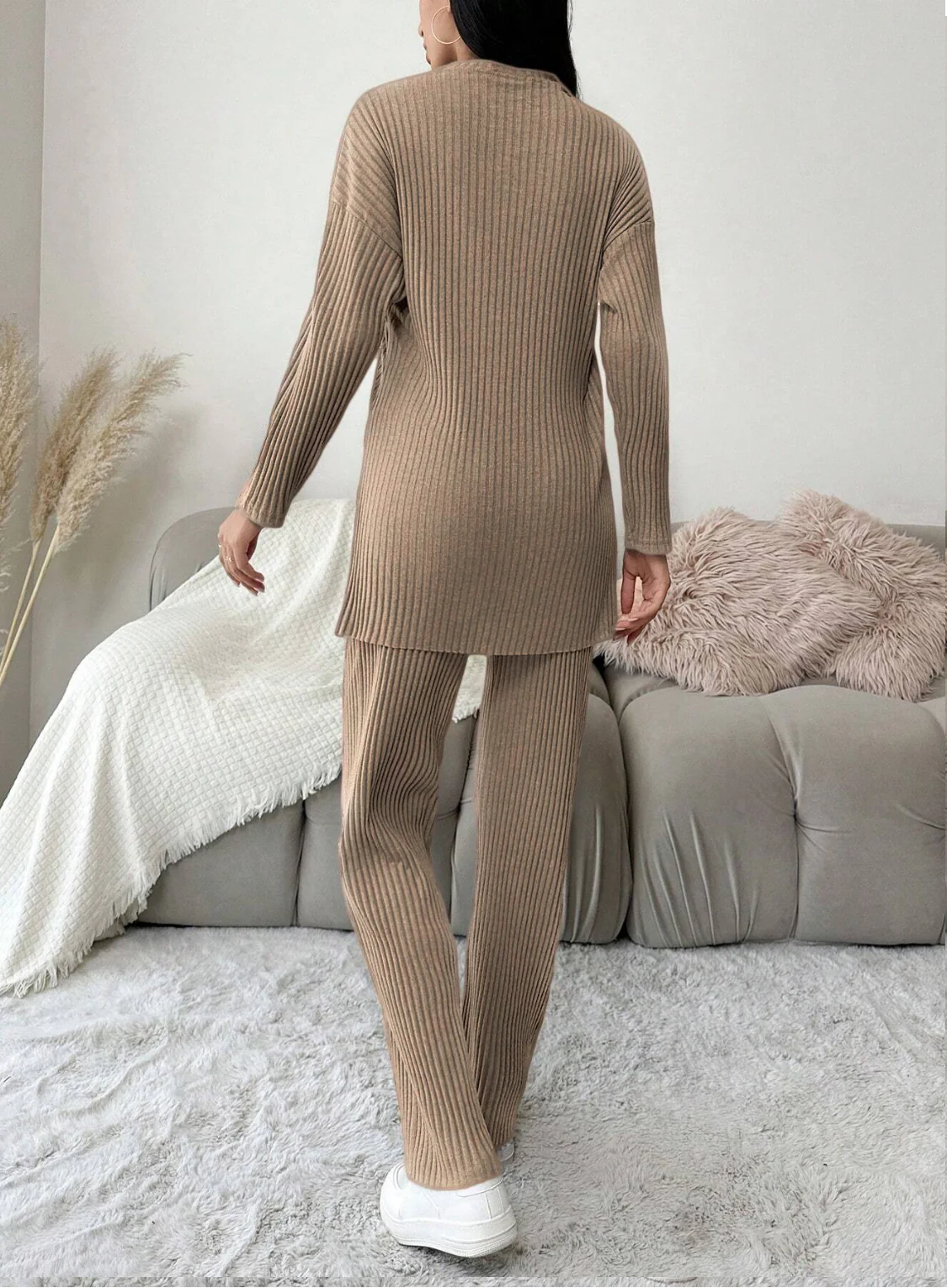 Tan Brown Cotton Ribbed Co-Ord Set - Image 4