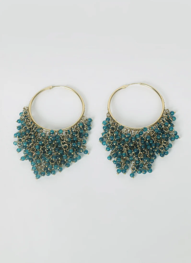 Teal Beaded Gold Hoop Earrings – Luxury Bridal & Festive Statement Jewelry - Image 2