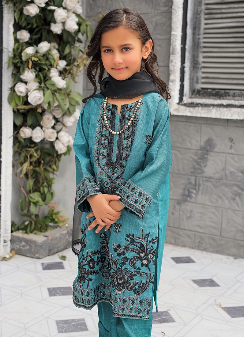 Teal Blue All Over Embroidered Suit Set - Image 2