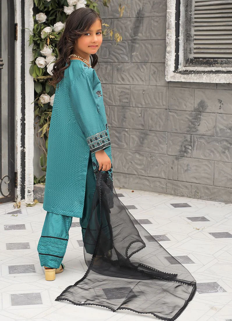 Teal Blue All Over Embroidered Suit Set - Image 3