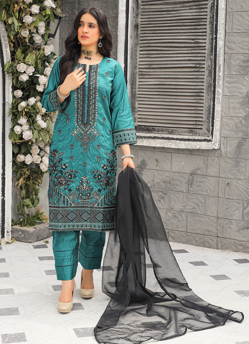 Teal Blue Khaddi Cotton Salwar Suit - Image 2
