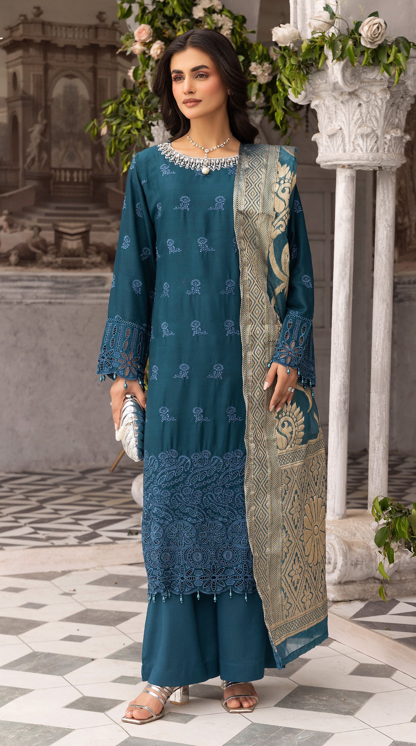 Women’s Teal Chikankari Suit with Jacquard Dupatta - Image 2