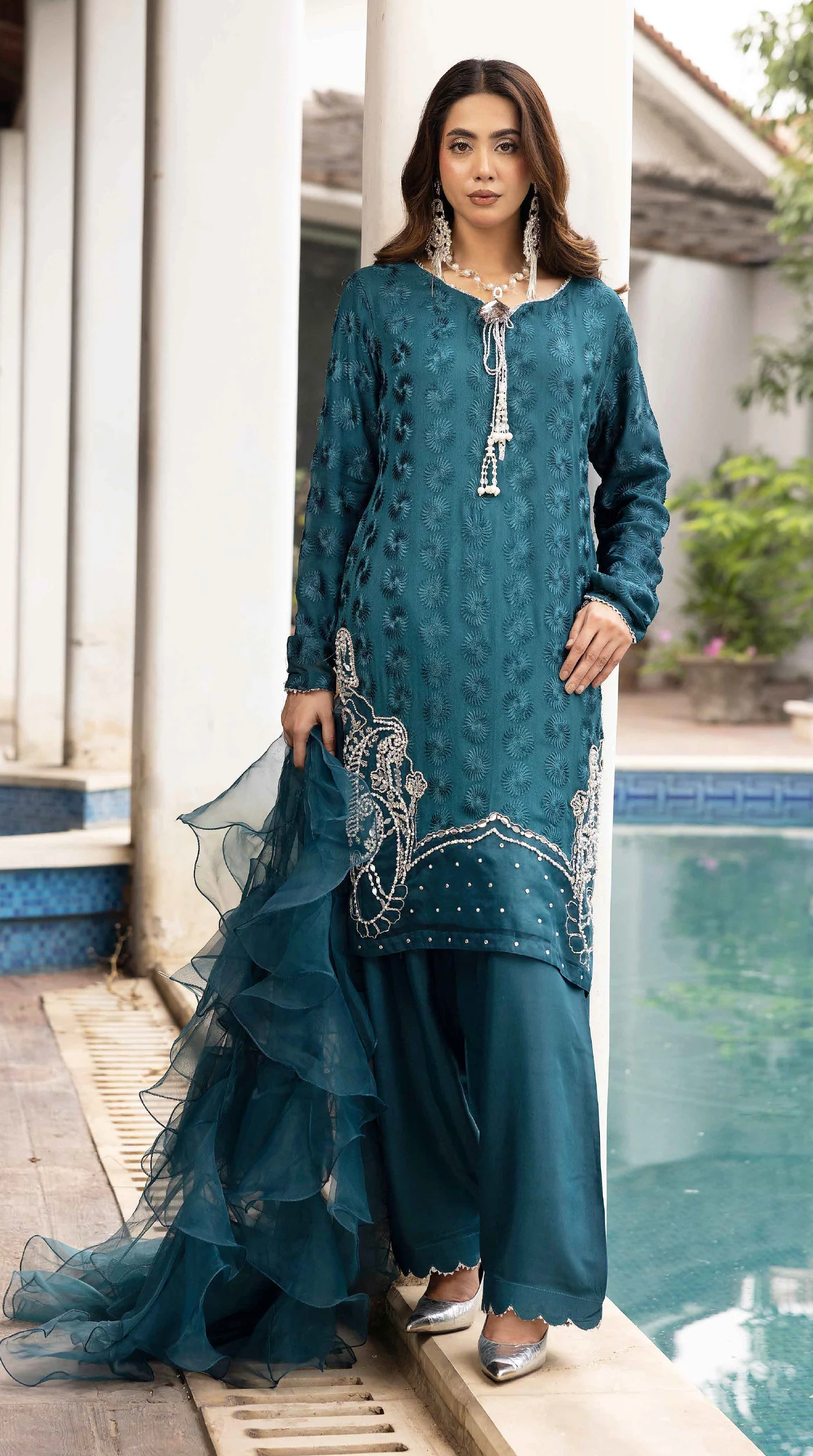 Teal Mehr Chikankari Chiffon Farshi Salwar Set - Image 2