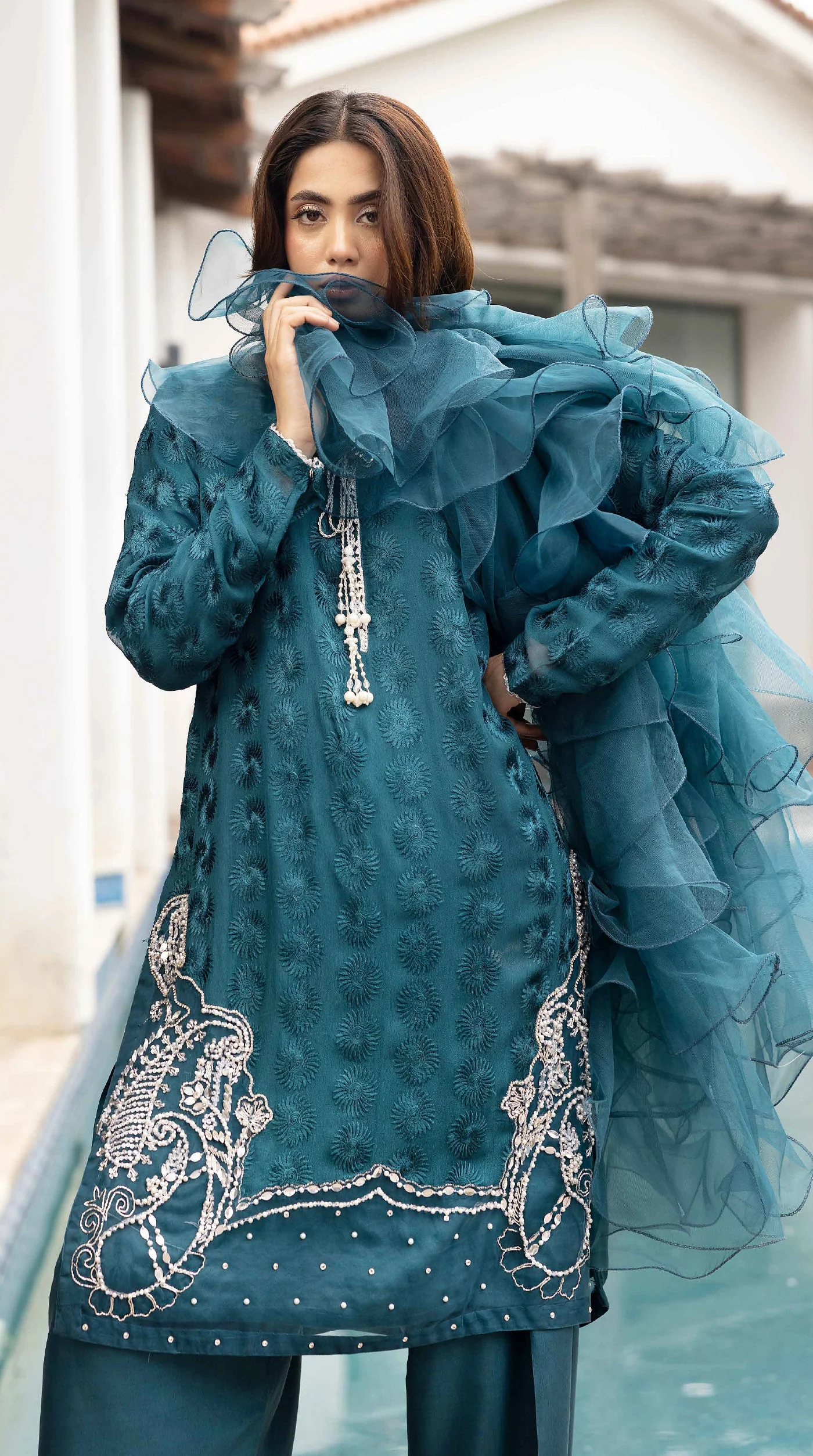 Teal Mehr Chikankari Chiffon Farshi Salwar Set - Image 3