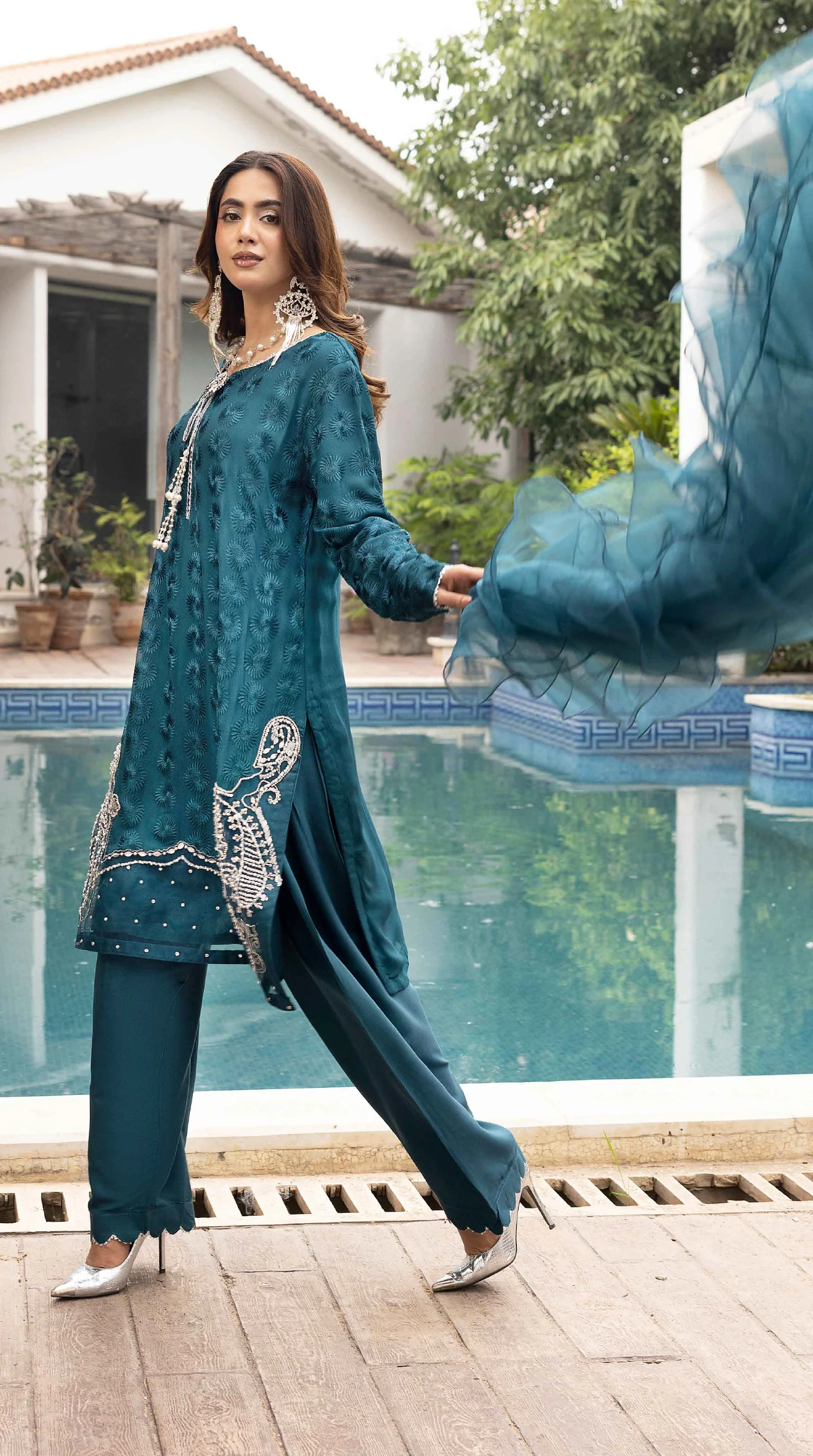 Teal Mehr Chikankari Chiffon Farshi Salwar Set - Image 4