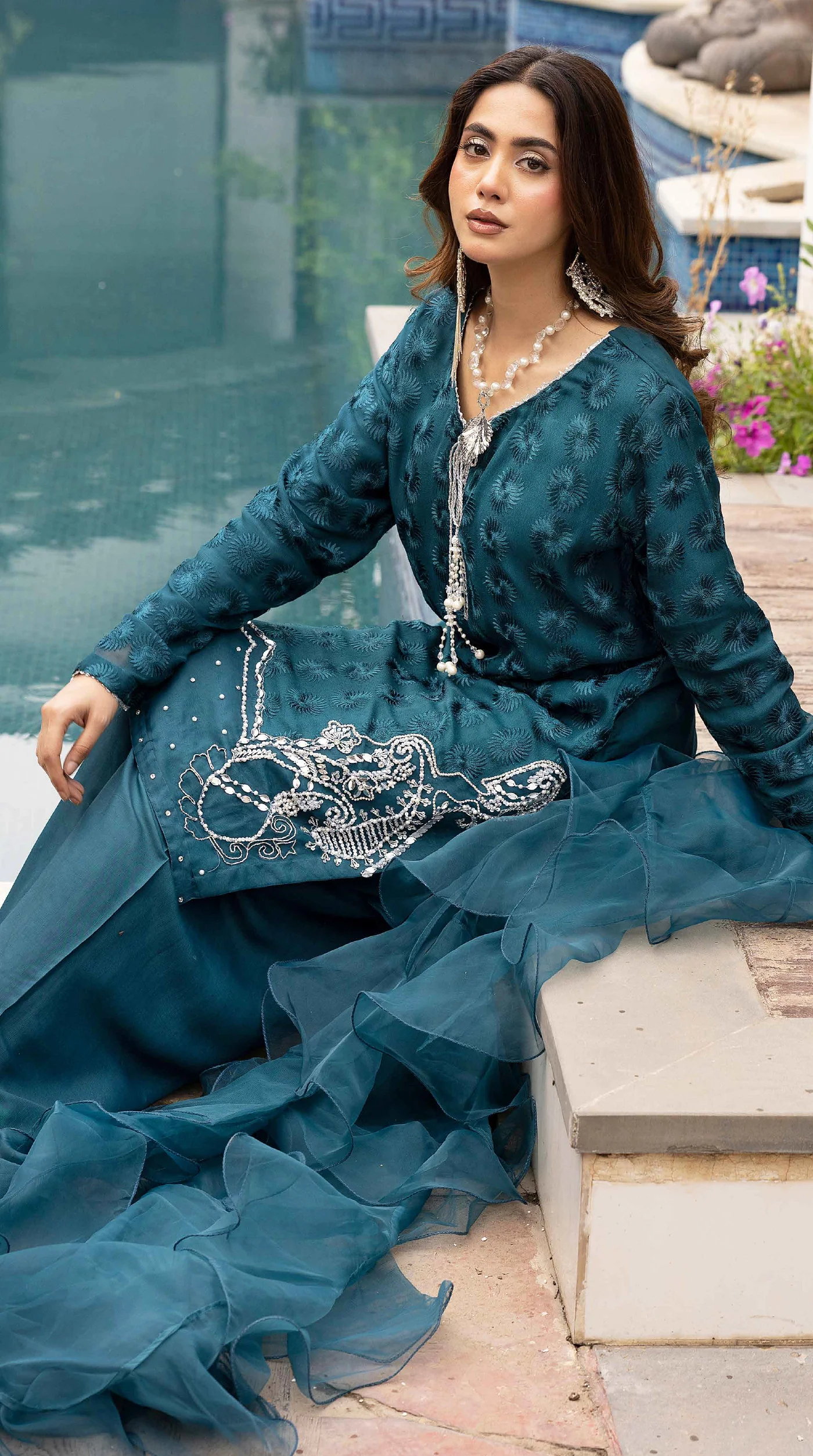 Teal Mehr Chikankari Chiffon Farshi Salwar Set - Image 5