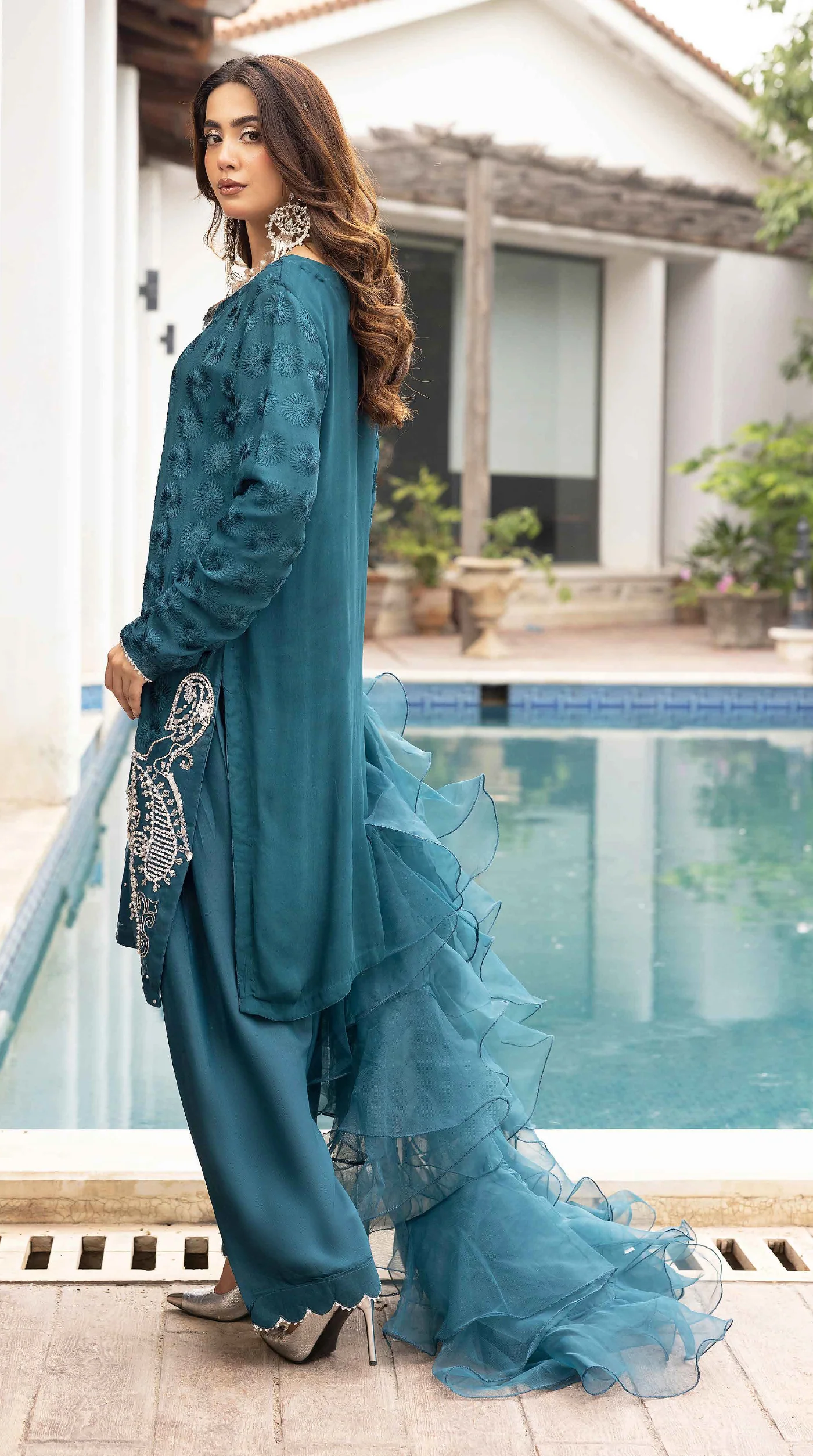 Teal Mehr Chikankari Chiffon Farshi Salwar Set - Image 6